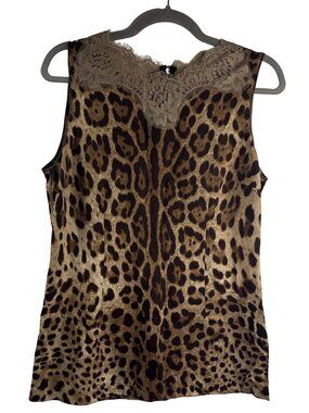 Dolce & Gabbana Leopard Print Lace Trim Silk Blend Sleeveless Top Size 44/ L